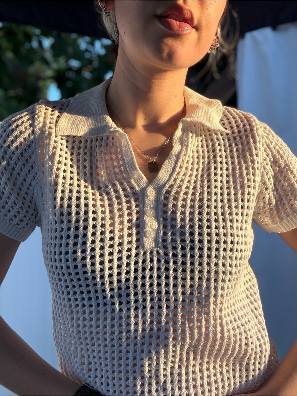 Calvin Klein White Open-Knit Polo Top